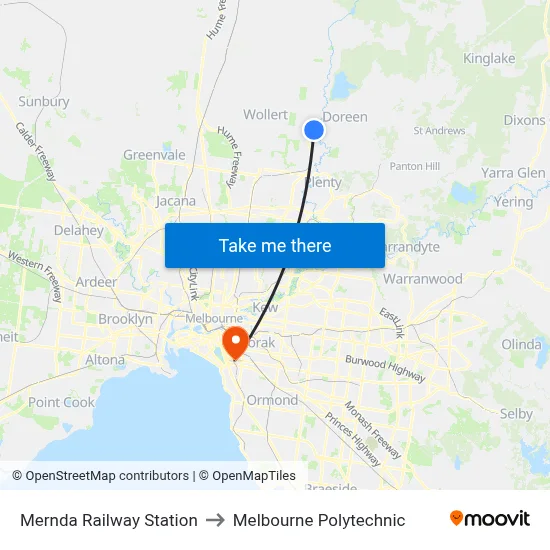 Mernda Railway Station to Melbourne Polytechnic map