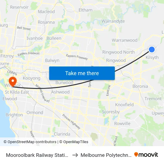 Mooroolbark Railway Station to Melbourne Polytechnic map