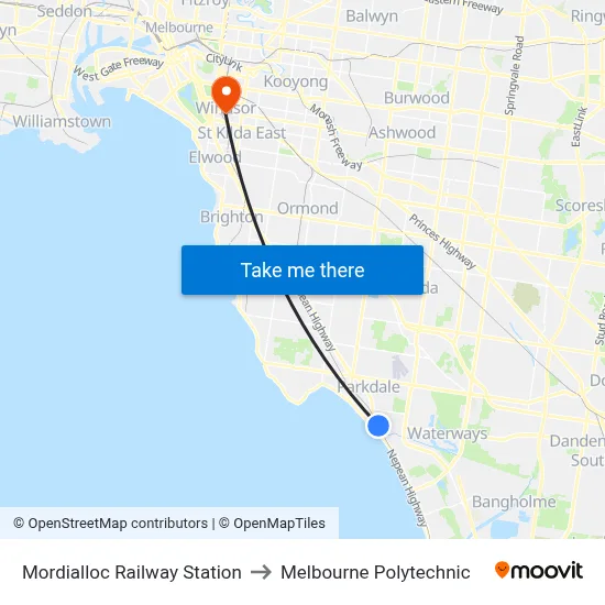 Mordialloc Railway Station to Melbourne Polytechnic map