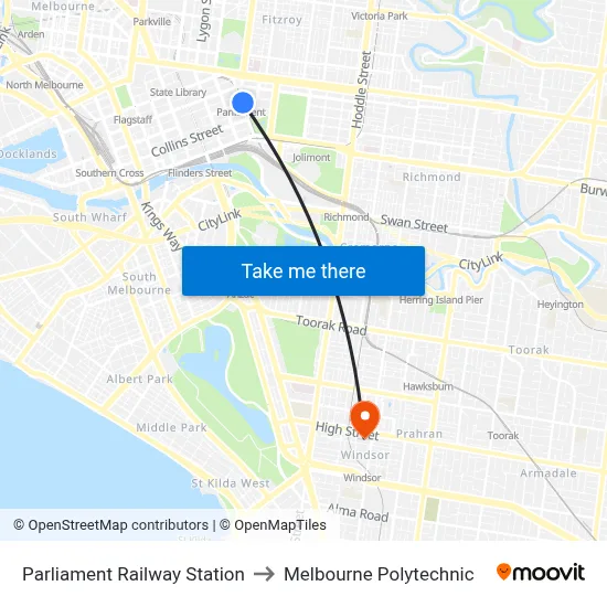 Parliament Railway Station to Melbourne Polytechnic map