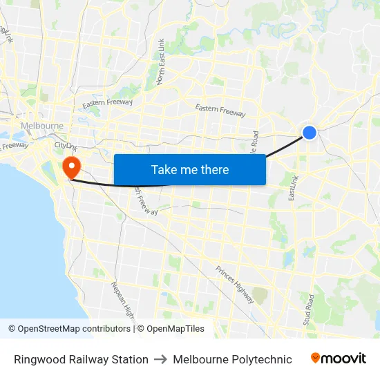 Ringwood Railway Station to Melbourne Polytechnic map