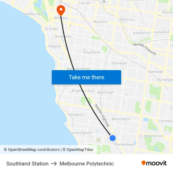 Southland Station to Melbourne Polytechnic map