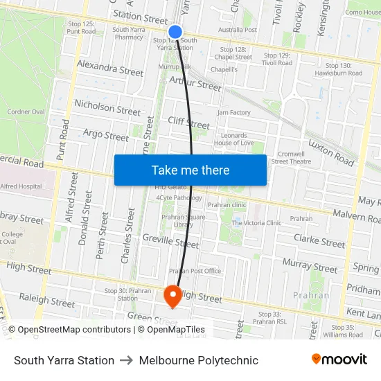 South Yarra Station to Melbourne Polytechnic map