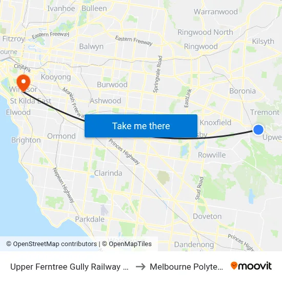 Upper Ferntree Gully Railway Station to Melbourne Polytechnic map