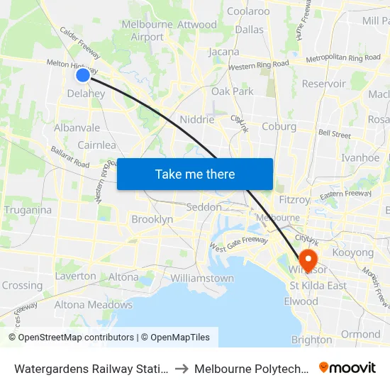 Watergardens Railway Station to Melbourne Polytechnic map