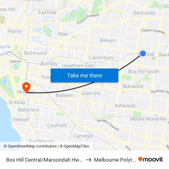 Box Hill Central/Maroondah Hwy (Box Hill) to Melbourne Polytechnic map