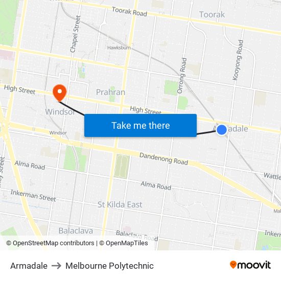 Armadale to Melbourne Polytechnic map