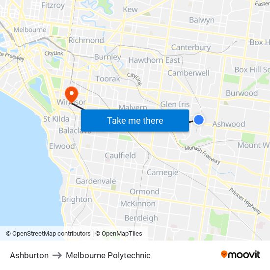 Ashburton to Melbourne Polytechnic map