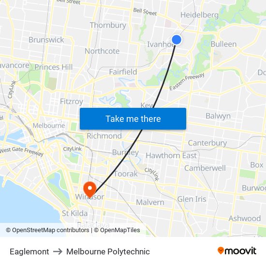 Eaglemont to Melbourne Polytechnic map