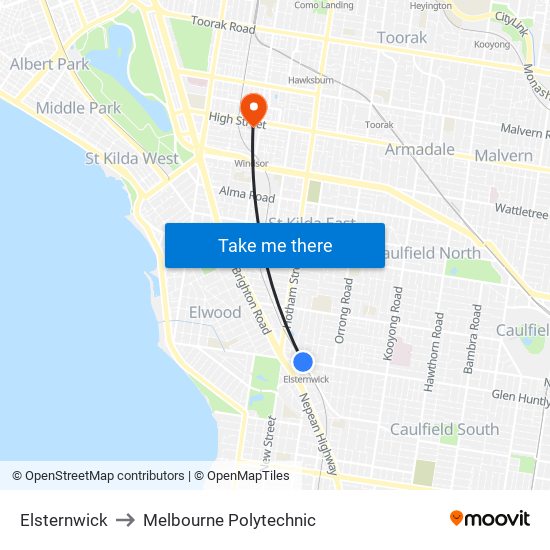 Elsternwick to Melbourne Polytechnic map