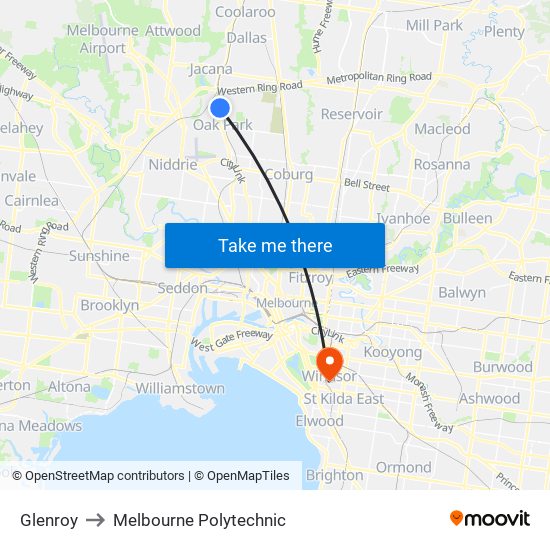 Glenroy to Melbourne Polytechnic map