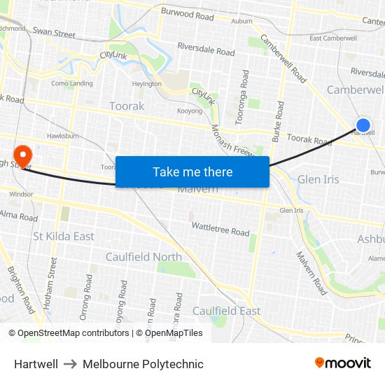 Hartwell to Melbourne Polytechnic map