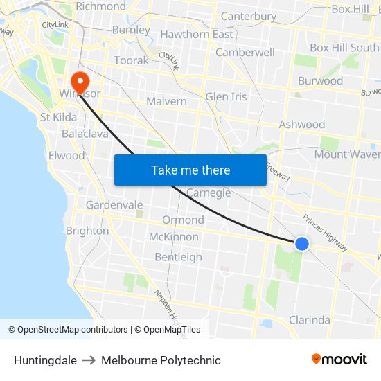 Huntingdale to Melbourne Polytechnic map