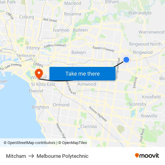 Mitcham to Melbourne Polytechnic map