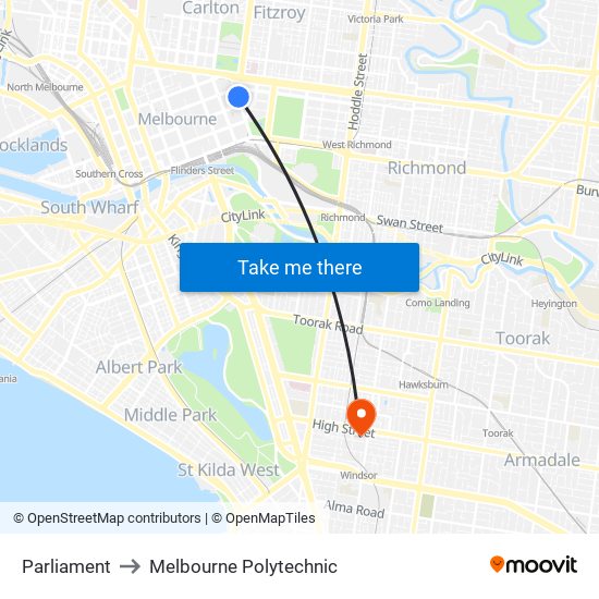 Parliament to Melbourne Polytechnic map