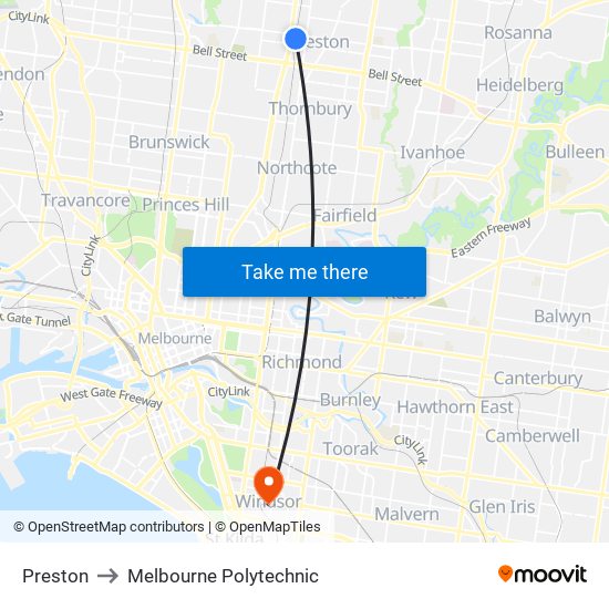 Preston to Melbourne Polytechnic map