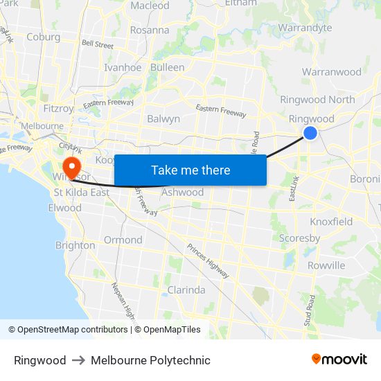 Ringwood to Melbourne Polytechnic map