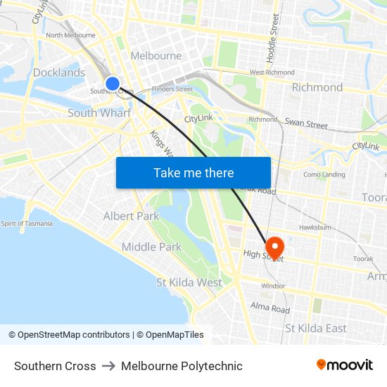 Southern Cross to Melbourne Polytechnic map