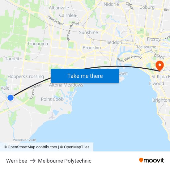 Werribee to Melbourne Polytechnic map