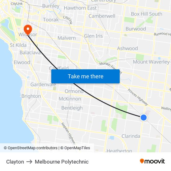 Clayton to Melbourne Polytechnic map