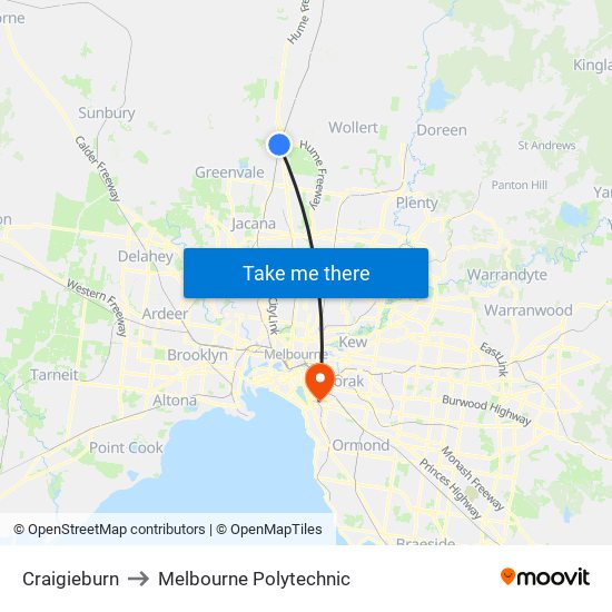 Craigieburn to Melbourne Polytechnic map