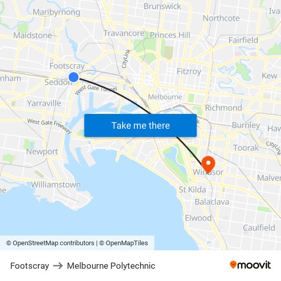 Footscray to Melbourne Polytechnic map