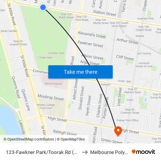 123-Fawkner Park/Toorak Rd (South Yarra) to Melbourne Polytechnic map