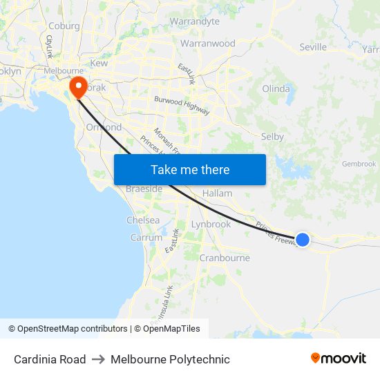 Cardinia Road to Melbourne Polytechnic map