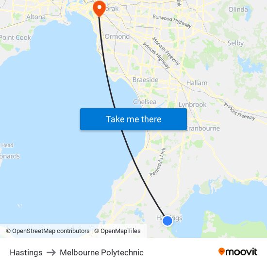 Hastings to Melbourne Polytechnic map