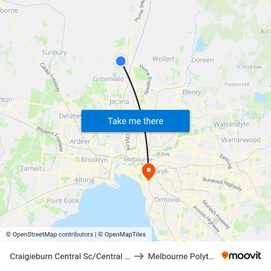 Craigieburn Central Sc/Central Park Ave to Melbourne Polytechnic map