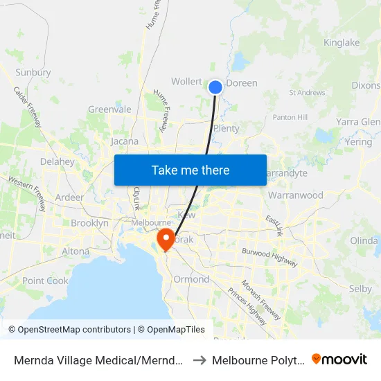 Mernda Village Medical/Mernda Village Dr to Melbourne Polytechnic map