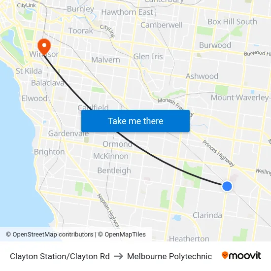 Clayton Station/Clayton Rd to Melbourne Polytechnic map