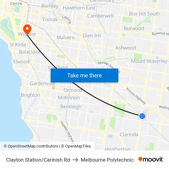 Clayton Station/Carinish Rd to Melbourne Polytechnic map