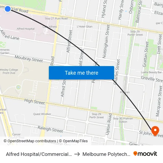 Alfred Hospital/Commercial Rd to Melbourne Polytechnic map
