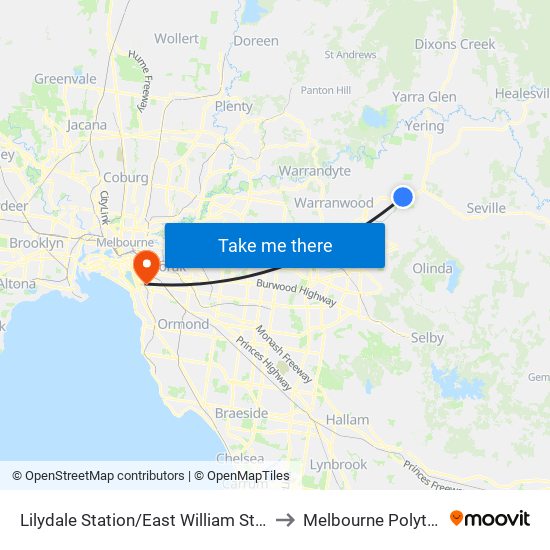 Lilydale Station/East William St (Lilydale) to Melbourne Polytechnic map