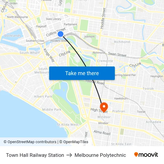 Town Hall Railway Station to Melbourne Polytechnic map