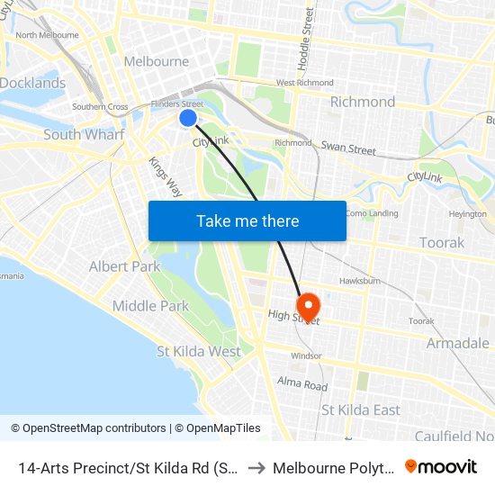 14-Arts Precinct/St Kilda Rd (Southbank) to Melbourne Polytechnic map