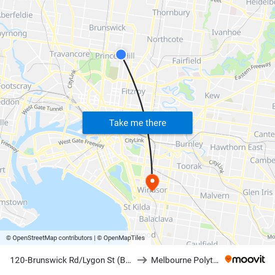 120-Brunswick Rd/Lygon St (Brunswick) to Melbourne Polytechnic map