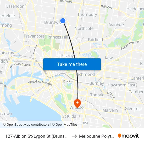Albion St/Lygon St #127 to Melbourne Polytechnic map