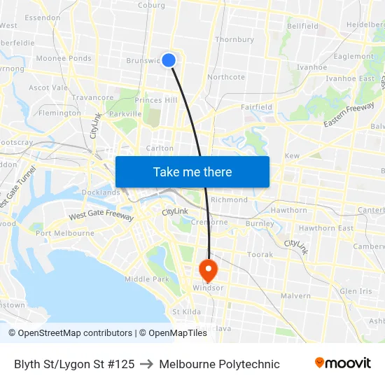 Blyth St/Lygon St #125 to Melbourne Polytechnic map