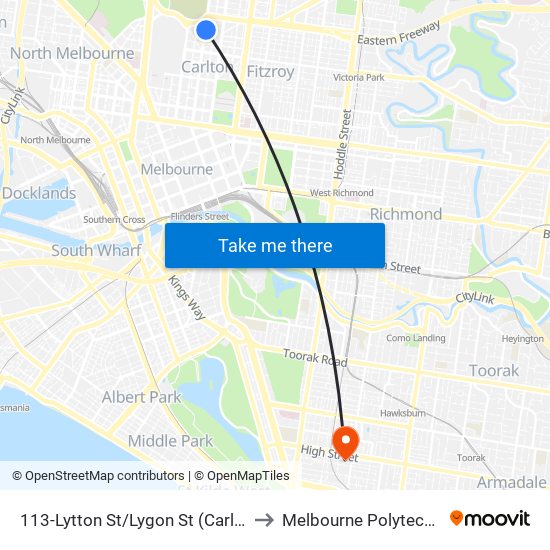 113-Lytton St/Lygon St (Carlton) to Melbourne Polytechnic map