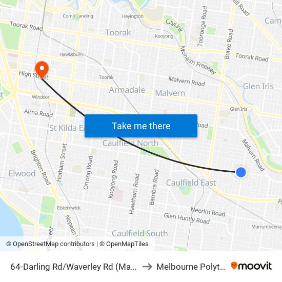 64-Darling Rd/Waverley Rd (Malvern East) to Melbourne Polytechnic map