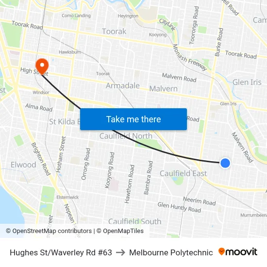 Hughes St/Waverley Rd #63 to Melbourne Polytechnic map