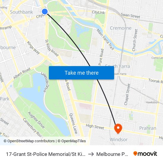 17-Grant St-Police Memorial/St Kilda Rd (Southbank) to Melbourne Polytechnic map