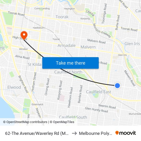 62-The Avenue/Waverley Rd (Malvern East) to Melbourne Polytechnic map