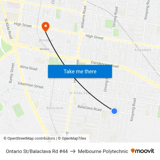 Ontario St/Balaclava Rd #44 to Melbourne Polytechnic map