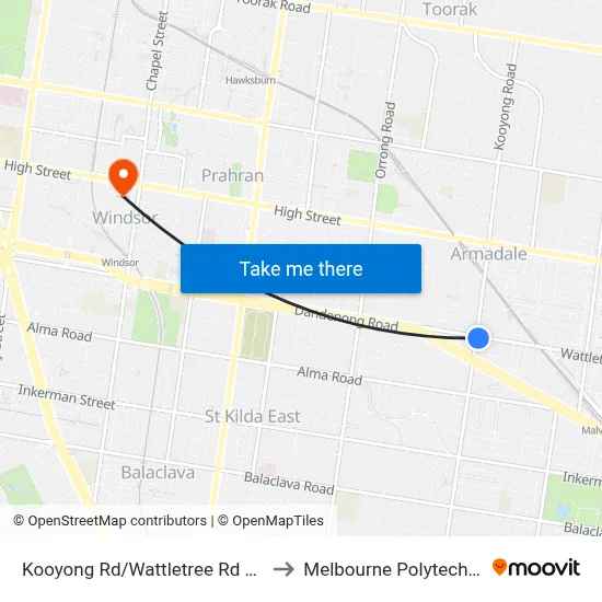 Kooyong Rd/Wattletree Rd #42 to Melbourne Polytechnic map