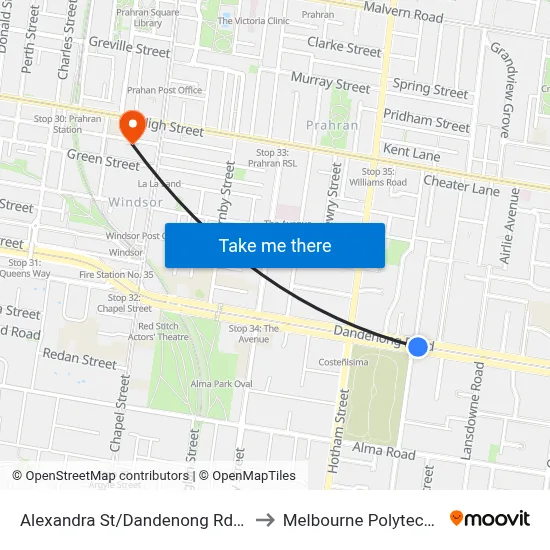 Alexandra St/Dandenong Rd #36 to Melbourne Polytechnic map