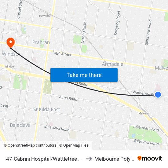 47-Cabrini Hospital/Wattletree Rd (Malvern) to Melbourne Polytechnic map