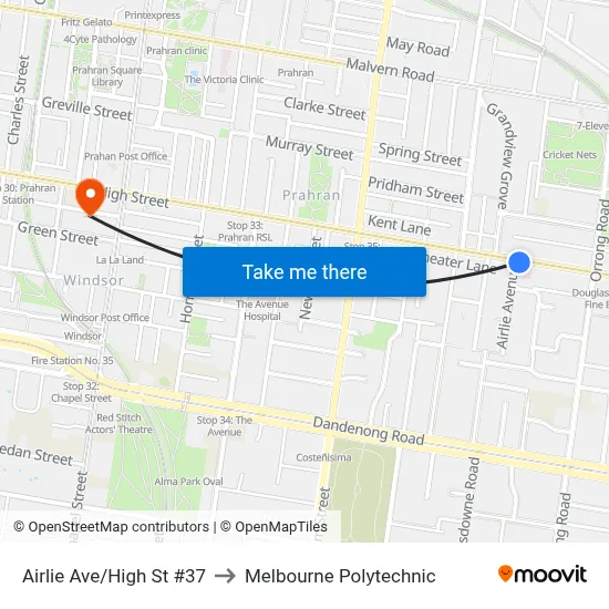 Airlie Ave/High St #37 to Melbourne Polytechnic map